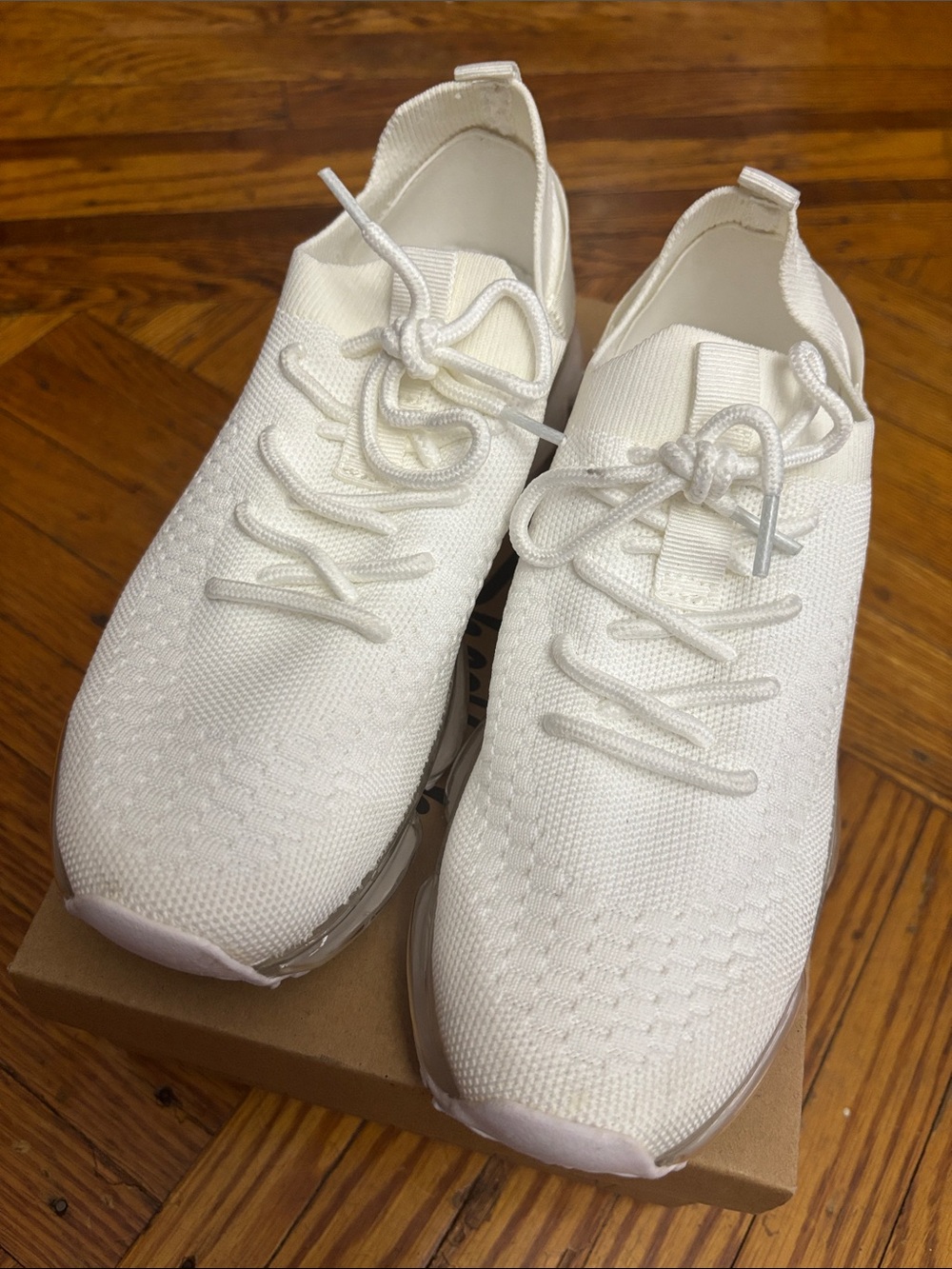La Sheelah White Knit Lace-Up Slip-On Sneakers